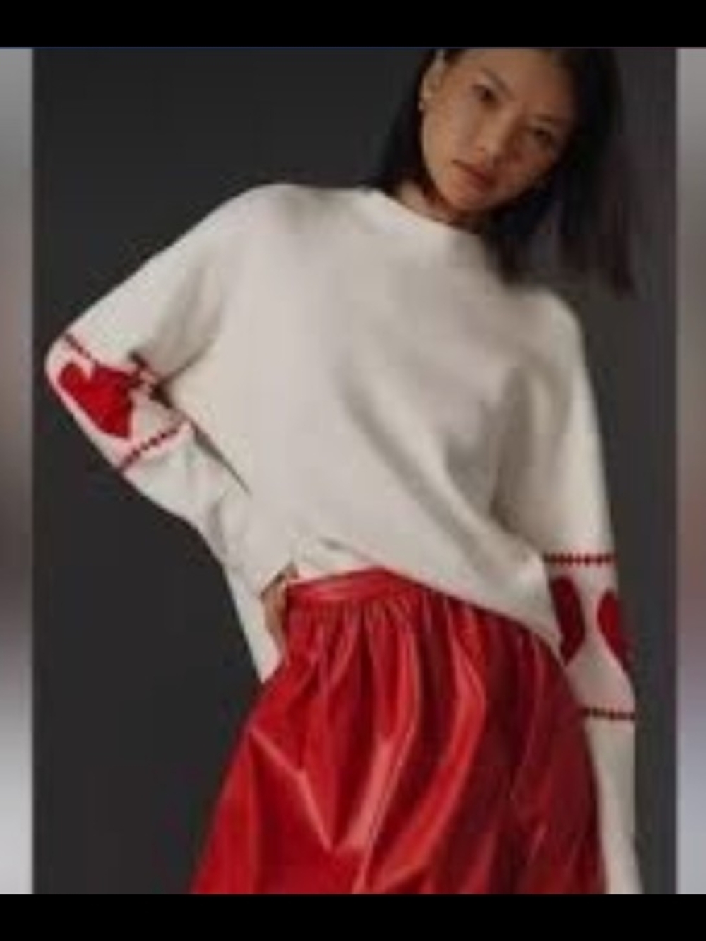 Maeve Cream Crewneck Sweater with Red Heart Sleeve Detail